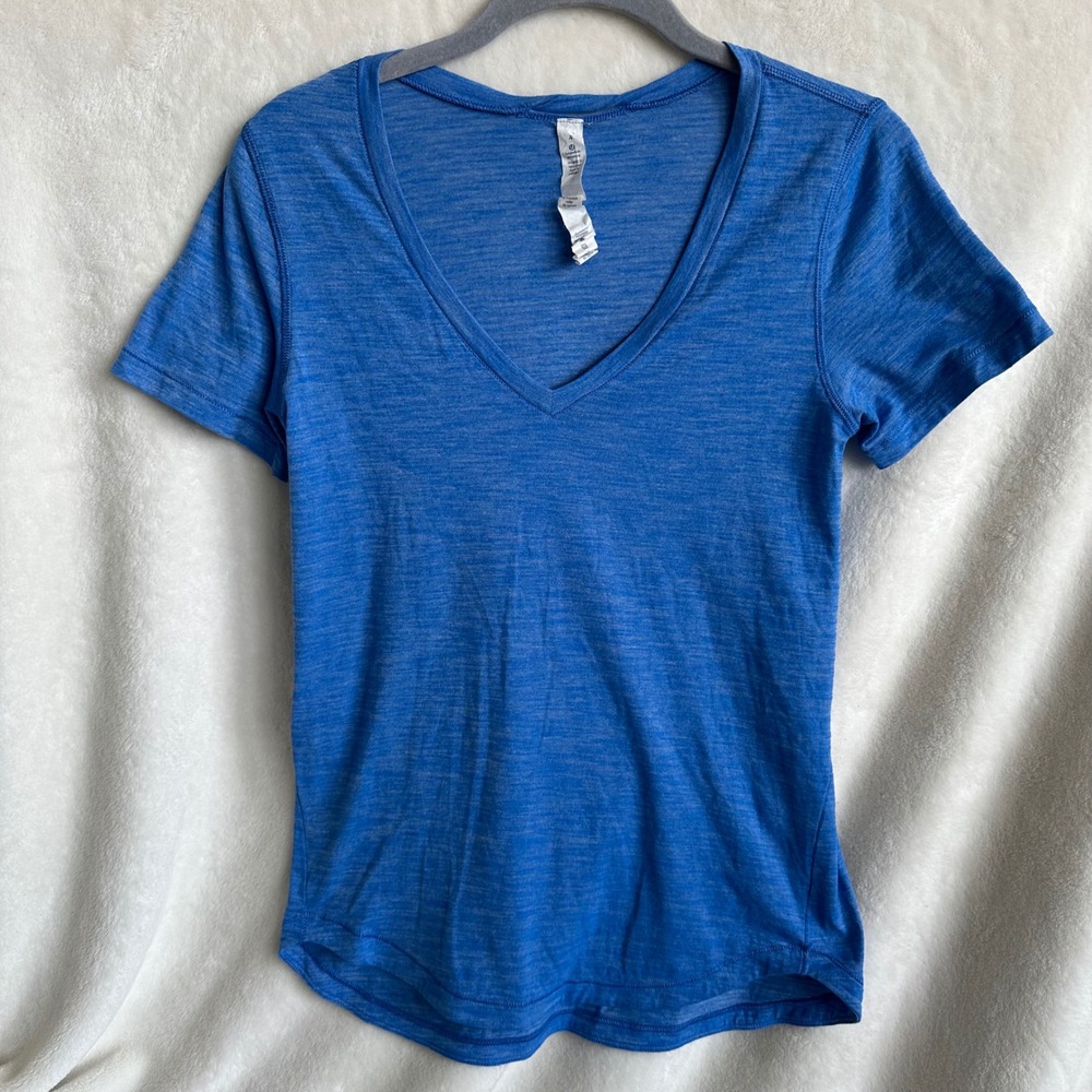 Lululemon What The Sport Tee Heathered Hero Blue V-Neck T-Shirt Sz 4